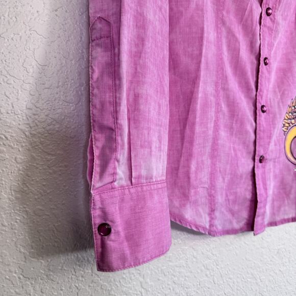 Sinful by Affliction Shirt Womens Small Y2K Angel Heart Wings Top Snap Button Up - Picture 8 of 13